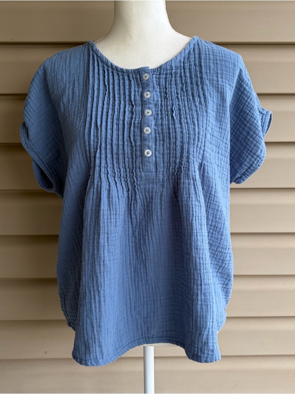 •Coldwater Creek• Blue Gauze Relaxed Fit Cotton Blouse - Size Large Petite